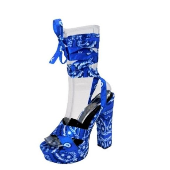 Mata Blue Bandana Women's Open Toe Lace Up Chunky Platform High Heel Sandals - Picture 3 of 3